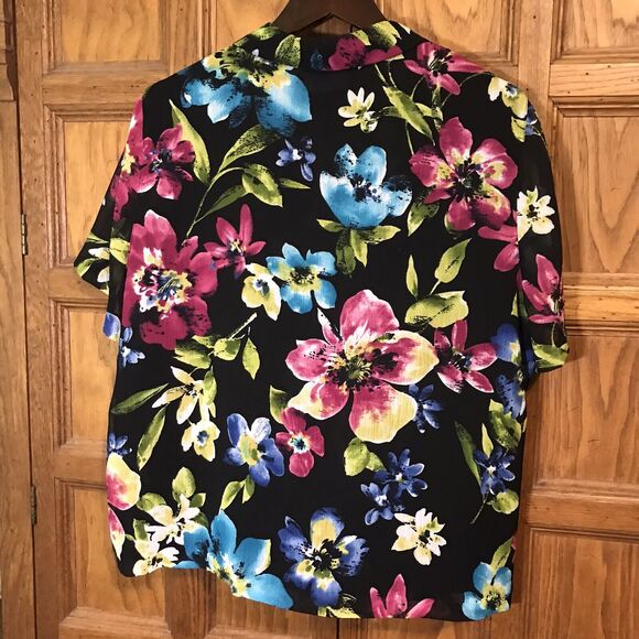 Alfred Dunner Women's 16 Black Floral Blouse Short Sleeve Button-Up Lined Top - Picture 4 of 7